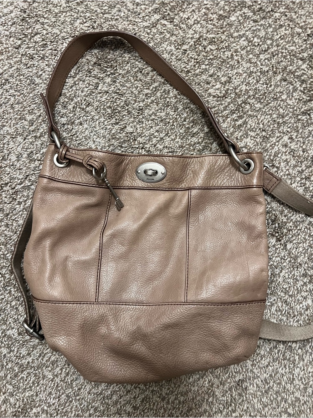 Fossil Taupe-Brown Pebbled Leather Shoulder Bag